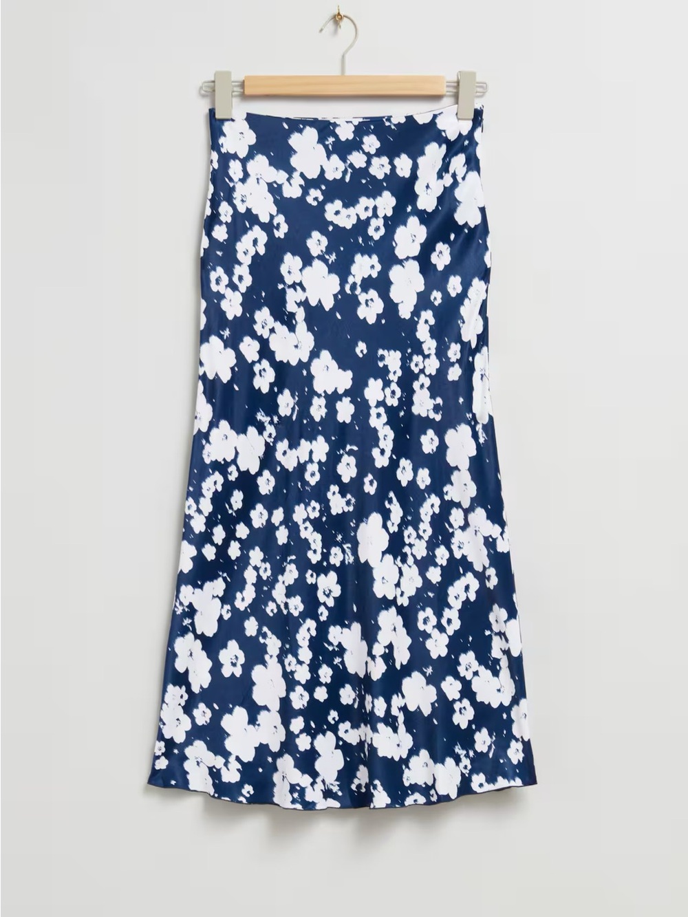 & Other Stories Blue & White Floral Satin Midi Skirt